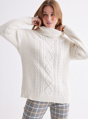 Sweater Trenzado Cuello Alto,Natural,hi-res