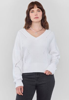 Sweater Mujer Cuello V Off Blanco Corona,hi-res