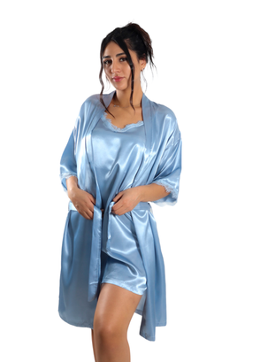 Pijama Camisola Corta de Tirantes Y Bata Satinada  Diseño Color Liso,hi-res